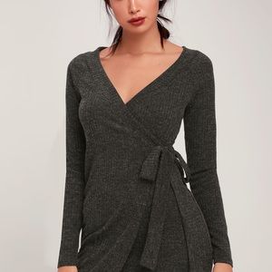 Lulus All My Wisdom Charcoal Grey Ribbed Long Sleeve Wrap Dress Small